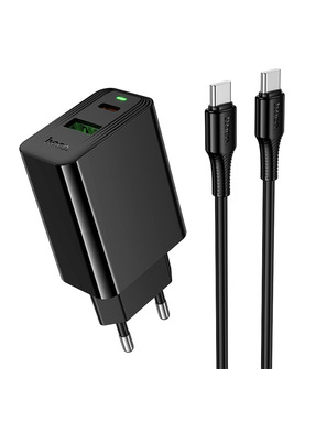 Мережевий зарядний пристрій Hoco CS94A (1 USB-A + 1 USB-C) 20W + кабель Type-C to Type-C Black