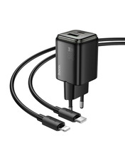 Мережевий зарядний пристрій Hoco N53 Monsoon Black Type-C to Lightning (1 USB-A + 1 USB-C) 30W + кабель Type-C to Lightning Black
