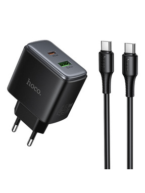 Мережевий зарядний пристрій Hoco C158A GAN (1 USB-A + 1 USB-C) 45W + кабель Type-C to Type-C Black