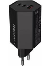 Мережевий зарядний пристрій Canyon Hexagon 65 QC PD GaN (1 USB-A + 2 USB-C) 65W Black (CND-CHAHEX65B)