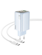 Мережевий зарядний пристрій Hoco N49 Glorious (1 USB-A + 2 USB-C) 65W + кабель Type-C to Type-C Blue