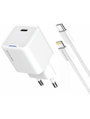 Мережевий зарядний пристрій ColorWay GaN Mini Lightning 20 (1 USB-C) 20W + кабель Lightning White