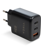 Мережевий зарядний пристрій Vinga GaN Black 1 USB-A + 2 USB-C 65 Відсутній (1 USB-A + 2 USB-C) 65W Black (VCPCHCCA65B)