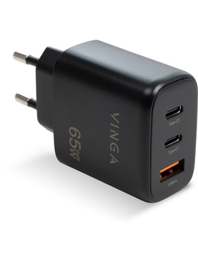 Мережевий зарядний пристрій Vinga GaN (1 USB-A + 2 USB-C) 65W Black (VCPCHCCA65B)