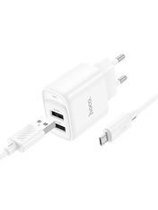 Мережевий зарядний пристрій Hoco C141A Smart (2 USB-A) 10,5W + кабель MicroUSB White