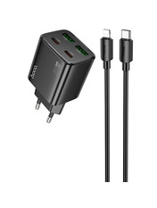 Мережевий зарядний пристрій Hoco N55 Fundador Black Type-C to Lightning (2 USB-A + 2 USB-C) 20W + кабель Type-C to Lightning Black