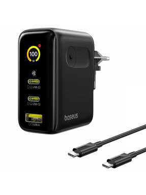 Мережевий зарядний пристрій Baseus PicoGo AE21 (1 USB-A + 2 USB-C) 100W + кабель Type-C to Type-C Black (E0121B00)