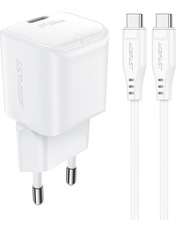 Мережевий зарядний пристрій ACEFAST A77 GaN (1 USB-C) 30W + кабель Type-C to Type-C White