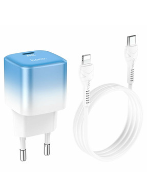 Мережевий зарядний пристрій Hoco C101A (1 USB-C) 20W + кабель Type-C to Lightning Blue