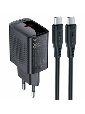 Мережевий зарядний пристрій ACEFAST A82 GaN (1 USB-C) 20W + кабель Type-C to Type-C Black
