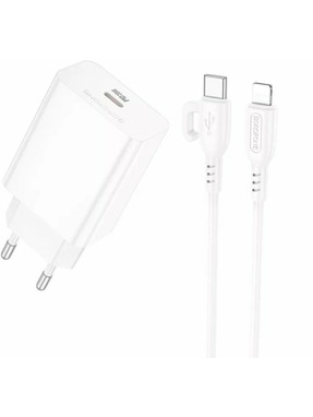 Мережевий зарядний пристрій Borofone BA21A Pro Long (1 USB-C) 20W + кабель Type-C to Lightning White (6941991111419)