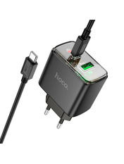 Мережевий зарядний пристрій Hoco CS42A Smart Type-C to Type-C Black (1 USB-A + 1 USB-C) 30W + кабель Type-C to Type-C Black