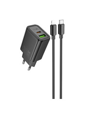 Мережевий зарядний пристрій Hoco N61 Gentle 1 USB-A + 1 USB-C 20 Black Type-C to Lightning (1 USB-A + 1 USB-C) 20W + кабель Type-C to Lightning Black