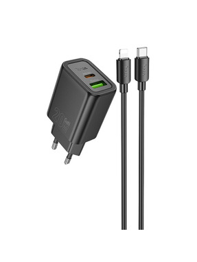 Мережевий зарядний пристрій Hoco N61 Gentle (1 USB-A + 1 USB-C) 20W + кабель Type-C to Lightning Black