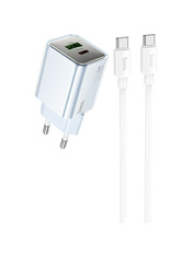 Мережевий зарядний пристрій Hoco N46 Glorious Type-C to Type-C Blue (1 USB-A + 1 USB-C) 20W + кабель Type-C to Type-C Blue