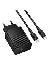 Мережевий зарядний пристрій Borofone BAS76A Type-C to Type-C Black (1 USB-A + 1 USB-C) 30W + кабель Type-C to Type-C Black