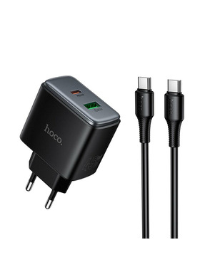 Мережевий зарядний пристрій Hoco C158A GAN (1 USB-A + 1 USB-C) 45W + кабель Type-C to Type-C Black