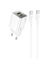 Мережевий зарядний пристрій Hoco N46 Glorious Type-C to Type-C White (1 USB-A + 1 USB-C) 20W + кабель Type-C to Type-C White