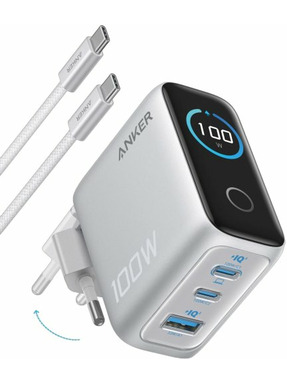 Мережевий зарядний пристрій Anker GaN Charger (1 USB-A + 2 USB-C) 100W + кабель Type-C to Type-C Silver (B121BG41)