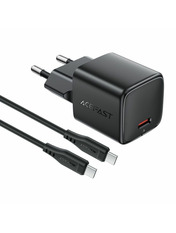Мережевий зарядний пристрій ACEFAST A117 GAN 1 USB-C 20 Type-C to Type-C Black (1 USB-C) 20W + кабель Type-C to Type-C Black (6974316286509)