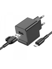 Мережевий зарядний пристрій Borofone BAS11A MicroUSB Black (1 USB-A) 10,5W + кабель MicroUSB Black