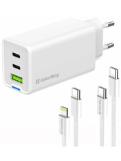 Мережевий зарядний пристрій ColorWay GaN Mini 1 USB-A + 2 USB-C Type-C to Type-C White 65 (1 USB-A + 2 USB-C) 65W + кабель Type-C to Type-C White