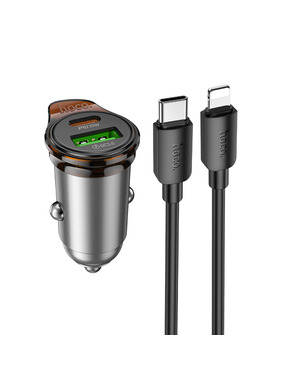 Автомобільний зарядний пристрій Hoco NZ16A Rigorous 43W 1 USB-A + 1 USB-C + кабель Type-C to Lightning Metal Gray (6942007644754)