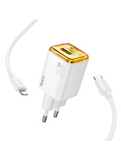 Мережевий зарядний пристрій Hoco N52 Monsoon Type-C to Lightning (1 USB-A + 1 USB-C) 20W + кабель Type-C to Lightning White