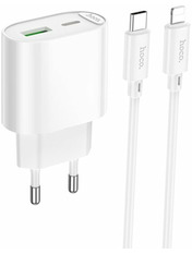 Мережевий зарядний пристрій Hoco C109A Fighter 1 USB-A + 1 USB-C Type-C to Lightning (1 USB-A + 1 USB-C) 20W + кабель Type-C to Lightning White (6942007656726)