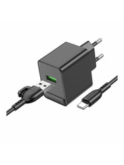 Мережевий зарядний пристрій Borofone BAS12A 1 USB-A + 1 USB-C Black Type-C (1 USB-A + 1 USB-C) 18W + кабель Type-C Black