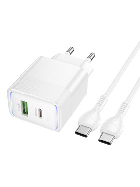 Мережевий зарядний пристрій Hoco CS112A (1 USB-A + 1 USB-C) 30W + кабель Type-C to Type-C White
