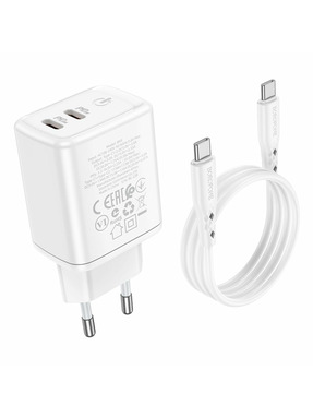 Мережевий зарядний пристрій Borofone BN9 (1 USB-A + 1 USB-C) 35W + кабель Type-C to Type-C White