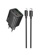 Мережевий зарядний пристрій Hoco N56 Fundador Type-C to Lightning Black (2 USB-A + 2 USB-C) 30W + кабель Type-C to Lightning Black