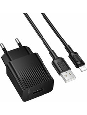 Мережевий зарядний пристрій Borofone BAS71A Source 1 USB-A 10.5 Black Lightning (1 USB-A) 10,5W + кабель Lightning Black