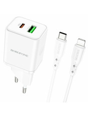 Мережевий зарядний пристрій Borofone BN7 1 USB-A + 1 USB-C Type-C to Lightning (1 USB-A + 1 USB-C) 20W + кабель Type-C to Lightning White