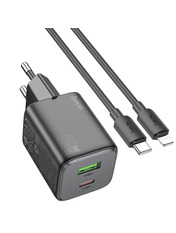 Мережевий зарядний пристрій Hoco N41 (1 USB-A + 1 USB-C) 20W + кабель Type-C to Lightning Black () Type-C to Lightning Black