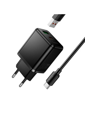 Мережевий зарядний пристрій Hoco C157A Multi-Protocol (1 USB-A + 1 USB-C) 30W + кабель Type-C Black